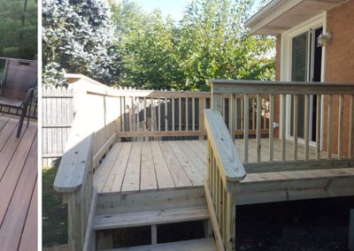 A wooden deck with steps and railings in the middle of it.